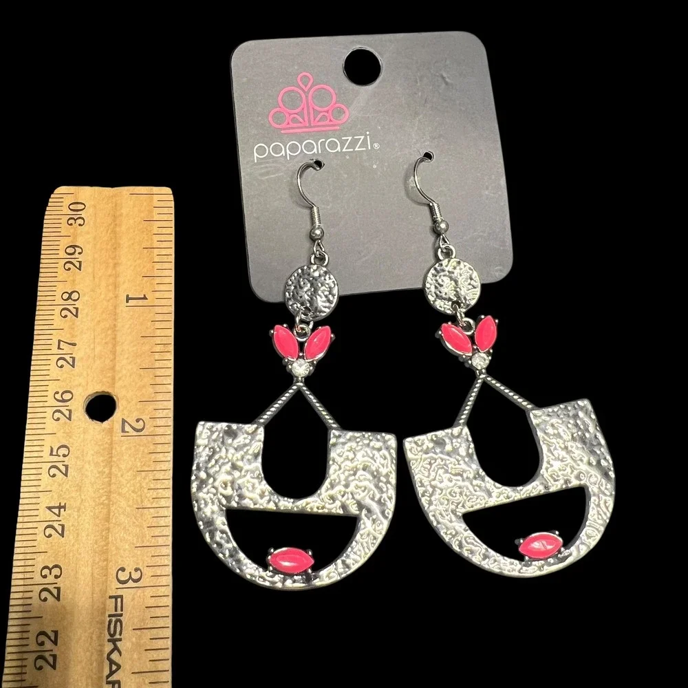 Paparazzi Statement Dangle Earrings Silver Tone Pink‎ Gemstones Geometric Boho